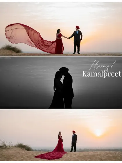 A collage of Harmail and Kamalpreet's sunset shoot in the desert. The silhouette shots and the bride's flowing red dress create a series of stunningly romantic images.