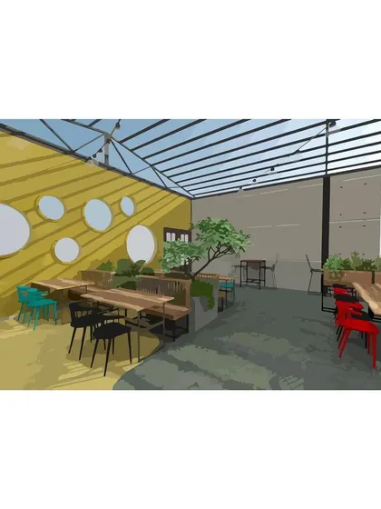 This conceptual render for a restobar highlights the use of yellow oxide flooring and exposed concrete walls. The design incorporates fresh green plants to create a natural and inviting atmosphere for patrons.