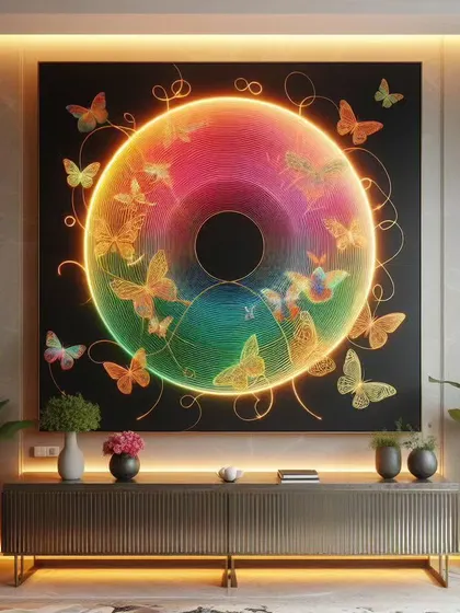 A series of our popular butterfly Enso circle installations. These pieces combine LED backlighting with three-dimensional elements to create a mesmerizing display of light, color, and movement, symbolizing transformation and enlightenment.