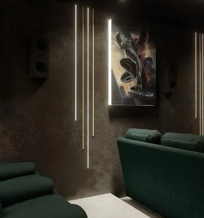 The vertical LED lighting and framed superhero art add a dynamic and personal touch to this entertainment lounge.