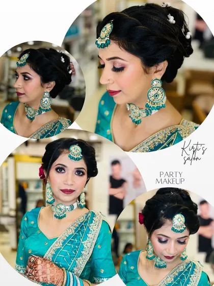 A collage showcasing a party makeup look with a teal outfit. I used complementary colors on the eyes and a deep berry lip.