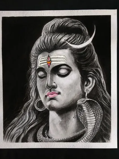 A serene portrait of Lord Shiva (Mahadev) against a dark background, with a touch of color on his lips and tilak. This creates a striking contrast.