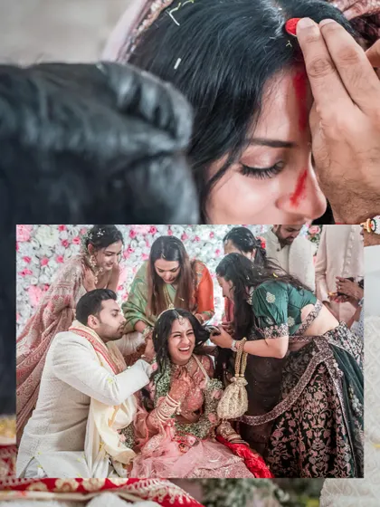 A collage of important rituals, including the application of sindoor and other family-involved ceremonies.