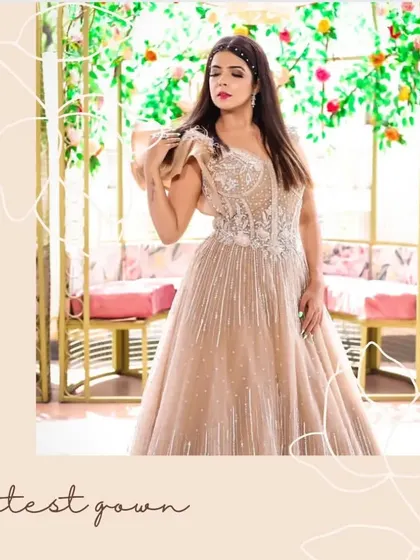 Another look at our stunning beige gown, showcasing the intricate beadwork and elegant silhouette.
