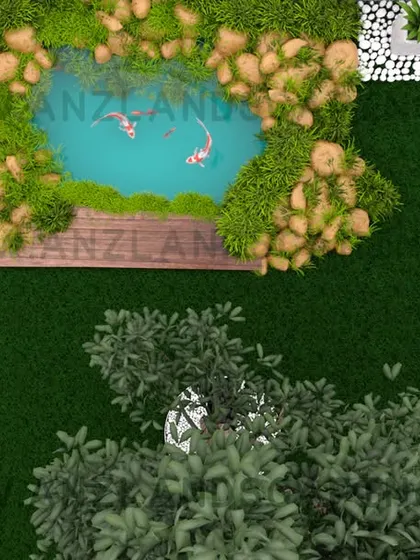 A detailed close-up from a 3D plan, focusing on a koi pond with a wooden deck surround and stone pathway.