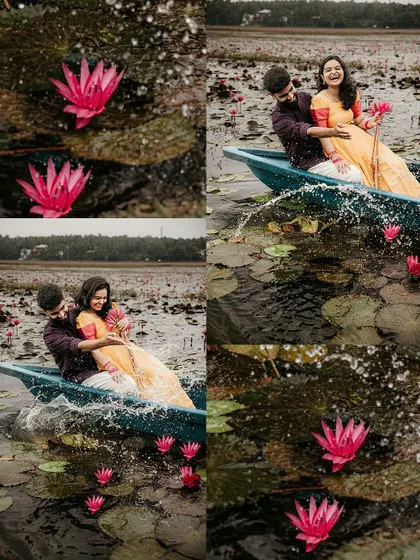A dynamic collage showing a couple splashing water and laughing in a boat, surrounded by beautiful pink water lilies.