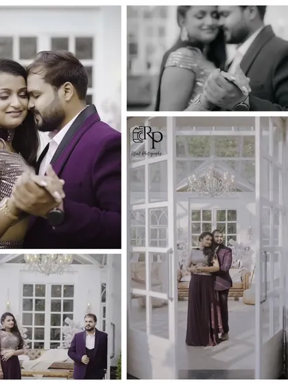 A collage summarizing a beautiful, elegant pre-wedding shoot. It showcases both the intimate close-ups and the grand, architectural shots from their session in a bright, airy venue.