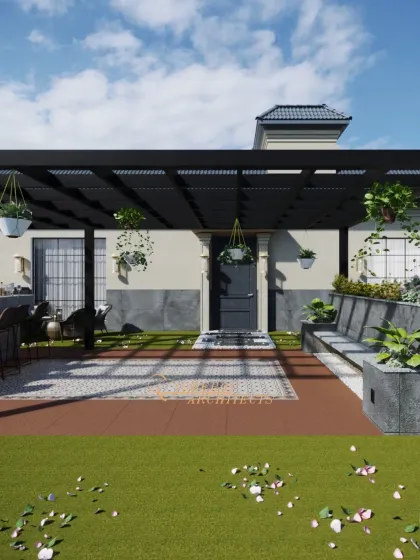 The design creates a private and serene escape, with lush greenery and comfortable seating for enjoying the outdoors.