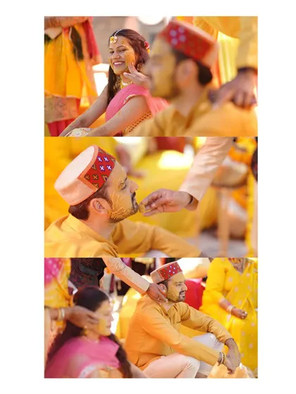 A triptych showing the Haldi rituals, with family members lovingly applying turmeric to the groom.