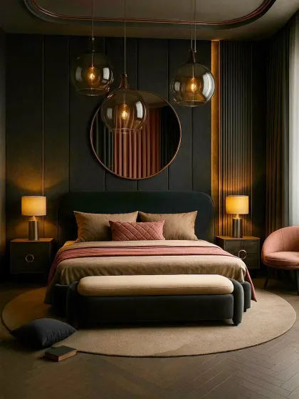 To create a sophisticated and moody ambiance, we used a dark color palette with rich textures. The combination of vertical wood paneling, a statement circular mirror, and warm pendant lighting gives this bedroom a cozy, den-like feel.