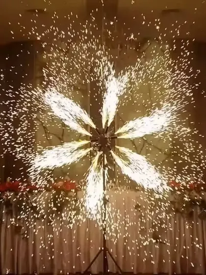 (Hero Item) I create stunning visual moments with effects like this rotating cold fire display. It's a safe, spark-based firework perfect for highlighting a stage, a grand entrance at a wedding, or a sangeet performance, ensuring a dramatic and memorable effect.
