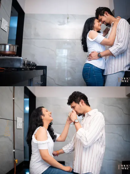 Laughter and love in the kitchen. This collage captures the effortless chemistry of the couple in the comfort of their own space, making for truly authentic and personal photos.
