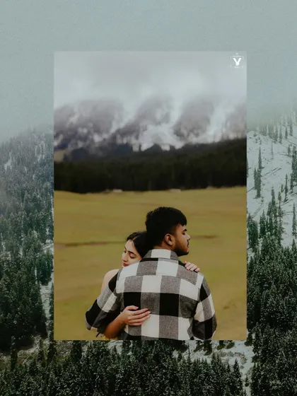 A creative collage placing a portrait of a couple embracing against a larger backdrop of the pine forests and snowy mountains of Kashmir.