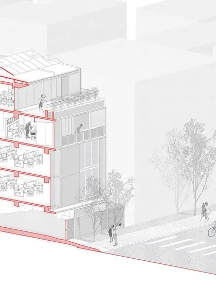 A duplicate of ID 67, this diagram clearly communicates the building's relationship to the street and the internal arrangement of its four levels, including the rooftop terrace.