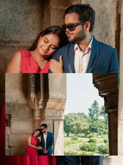 A collage of tender moments set within the rustic stone walls of a Delhi monument, blending close-ups with wider, scenic shots.