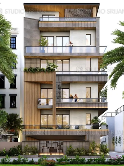 A 240 sq. yard residential building in Pitampura, New Delhi, featuring a mix of concrete, wood, and glass. The design staggers the balconies to create a dynamic and modern exterior.
