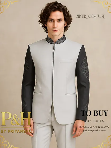 A variation in a lighter grey, this zipper Jodhpuri suit offers a softer but equally modern aesthetic, with detailed embroidery on the black sleeves and collar.