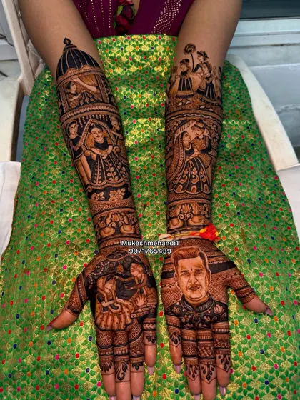 A unique bridal design combining a portrait of the groom, a depiction of Shiva, and scenes from the wedding ceremony.