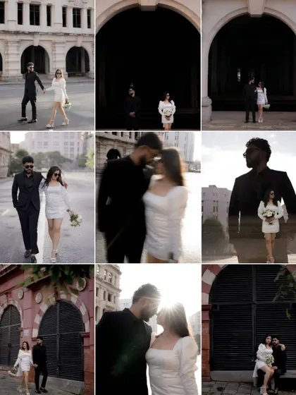 Another nine-image collage that tells a complete story. It moves from wide shots establishing the scene to intimate close-ups and creative double exposures, showcasing a full range of artistic techniques used during a city shoot.