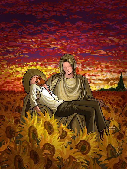 A somber yet beautiful tribute, inspired by Michelangelo's "Pietà." On the anniversary of his death, I show Vincent being held in a field of sunflowers under a fiery sunset, a final, peaceful rest among the symbols he gave to the world.