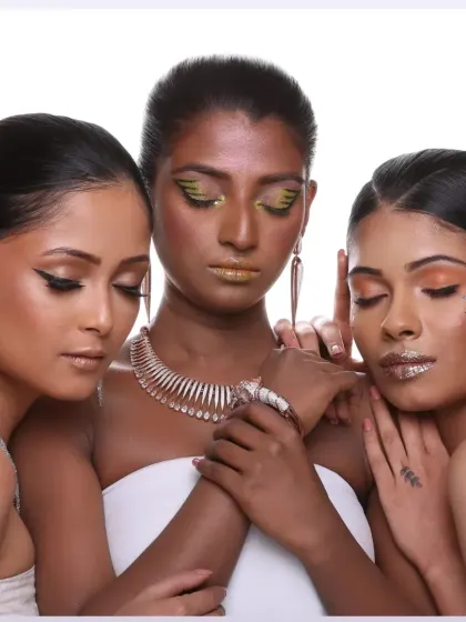 A group editorial shot for a jewelry campaign, where I created three distinct yet harmonious looks. I focused on glowing skin and unique eye makeup, from graphic liners to metallic washes, to complement the models' diverse beauty and the jewelry.