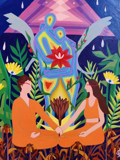 This custom painting tells a personal story, depicting a couple surrounded by nature and a spiritual aura. The artwork is filled with symbolic elements like lotuses and vibrant colors to represent their connection.