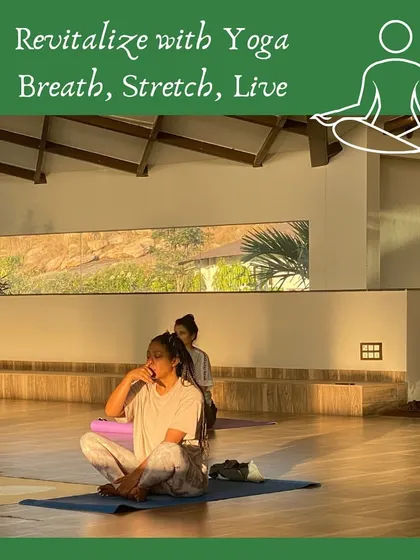 Revitalize with Yoga: Breath, Stretch, Live. This graphic captures the essence of our yoga philosophy, which focuses on using the breath to guide movement and cultivate life force (prana).