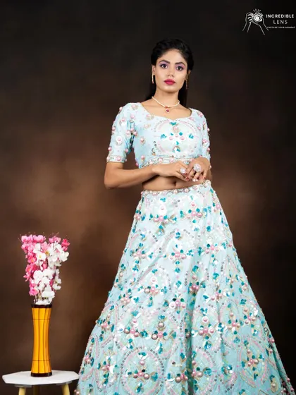 Another look you can master in our pro makeup course. This features a beautiful light blue lehenga with intricate pearl and sequin work, paired with a pink smokey eye.