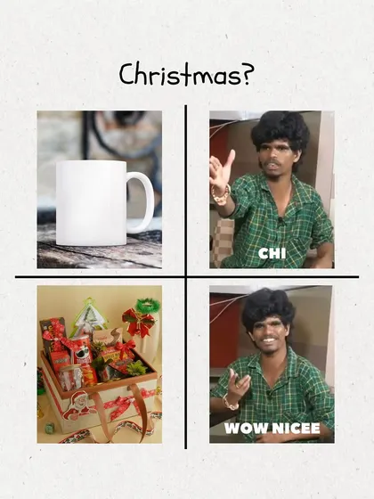 A fun meme comparing a plain mug to a full Christmas hamper. Let's upgrade your gifting game this season!