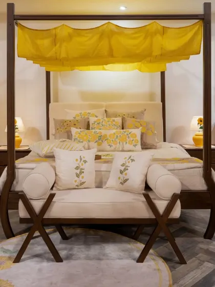 A timeless four-poster bed designed for our collaboration with Gaurang Home. Draped in a canopy of yellow fabric inspired by natural dyes, the piece celebrates sustainable materials and artisanal skill.