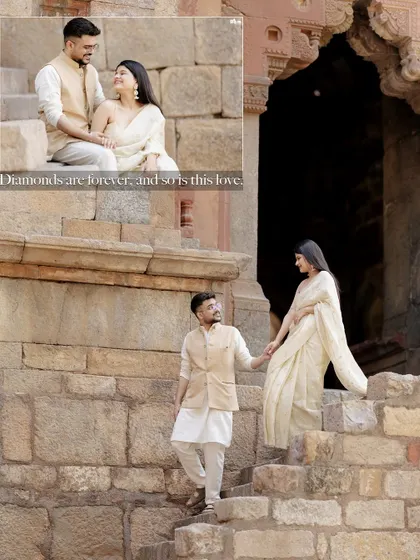 This layout shows the couple on the ancient stone steps of a monument. It captures both a candid moment of conversation and a classic pose, highlighting their love story against a historic backdrop.