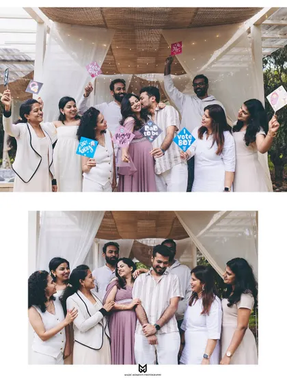 Group photos filled with fun and laughter. The guests hold up "Team Boy" and "Team Girl" signs, adding a playful element to the baby shower memories.