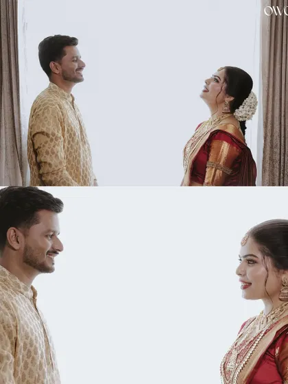 A diptych capturing the happy, smiling interaction between a bride and groom.
