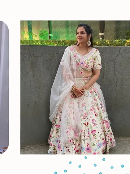 Another shot of a happy client in the lovely white floral lehenga. It's a fresh and elegant look for any daytime occasion.