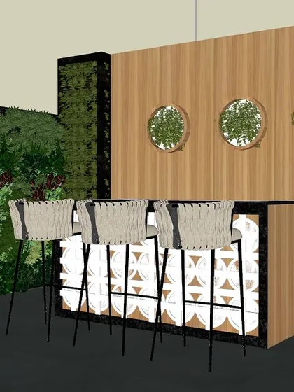 A 3D concept for a chic terrace bar. This design features a stylish bar counter with modern stools, framed by lush vertical gardens and a wood-paneled wall.