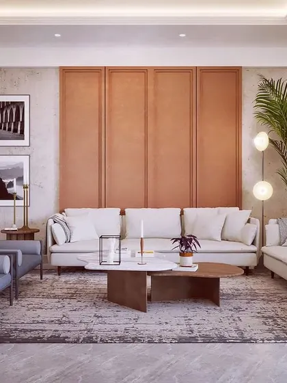 A design concept for a living room in Ace Parkway, featuring a mix of textures. The space includes plush sofas, an upholstered accent wall, and a large area rug to tie the elements together.
