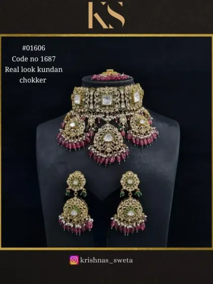 The same real-look Kundan choker, shown with a combination of ruby and green beads for a more festive look.