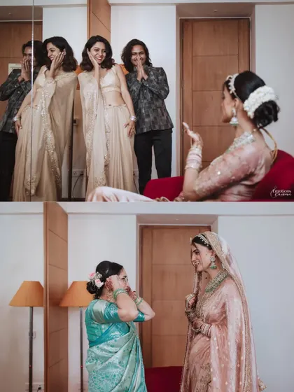 A collage capturing the fun and emotional moments with the bride's family and friends as she gets ready.