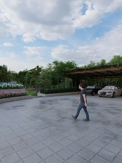 A meticulously crafted 3D landscape design for a beautiful farmhouse in Noida. This view highlights the spacious parking area surrounded by lush flower beds and trees.