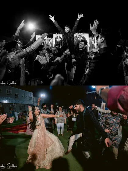The energy of the dance floor! This collage captures the fun and excitement of the Sangeet party.