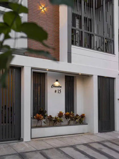 Another detail of the Banashankari entrance, showing the house number and the rhythmic pattern of the custom grillwork. Every element is designed to contribute to a cohesive and elegant whole.