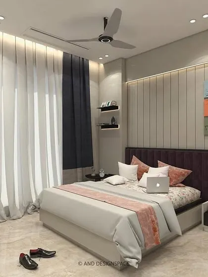 Another view of the same master bedroom concept, showing a large window with city views and a feature wall with paneling behind the bed. The design is contemporary and sophisticated.