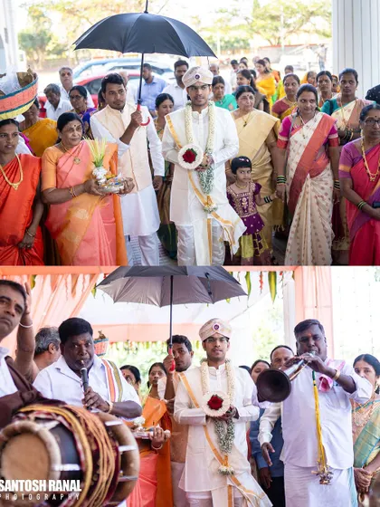 A collage showing the groom's grand entrance procession, complete with traditional musicians and surrounded by family.