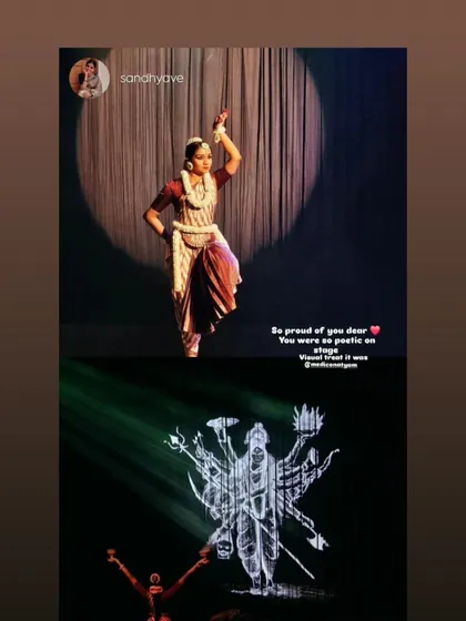 A collage showing different visual elements of the production, from a poetic solo pose to the powerful projection of Devi. My goal is to create a multi-layered sensory experience for the audience.