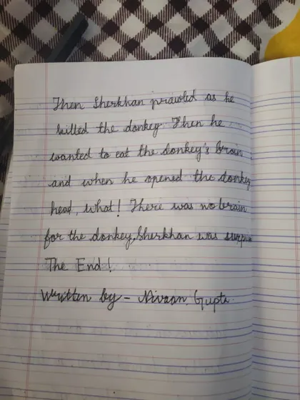 The final page of the story, neatly written and signed by the young author. We proudly celebrate every creative effort from our members.