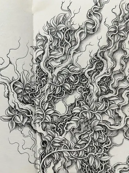 A detailed close-up of the central part of the vine drawing.