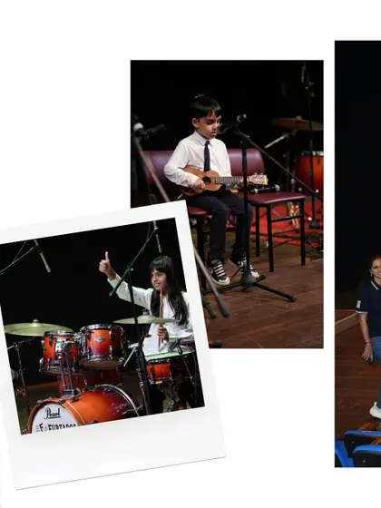 A polaroid collage from 'Joie De Vivre', featuring a young ukulele player and a confident drummer. Our recitals showcase a wide range of instruments and talents.