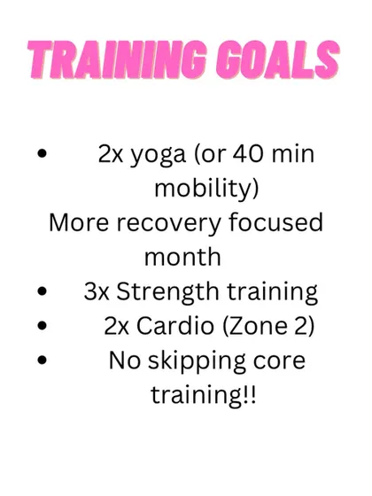 I'm a big believer in setting clear, achievable goals. This was my goal sheet for August, focusing on recovery, strength, cardio, and core training. Putting your goals out there is a great way to hold yourself accountable.