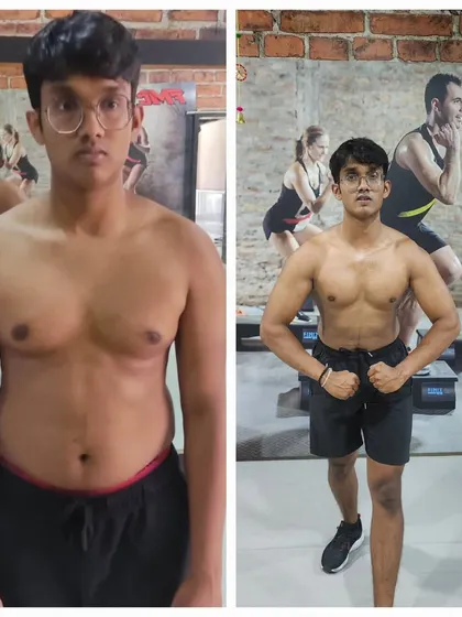 This before-and-after shot shows a client's aesthetic body transformation. Through consistent training and dedication, he sculpted a chiseled physique, moving from a softer build to a defined, muscular look.