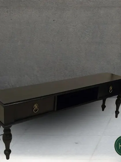 Another shot of the classic dark TV console, highlighting its clean lines and traditional detailing.